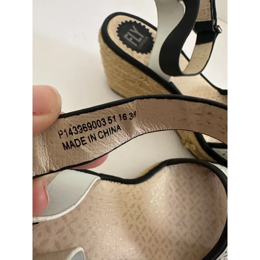 FLY London Sandal Wedge Espadrille Ekal White Black Womens 38 / 7.5